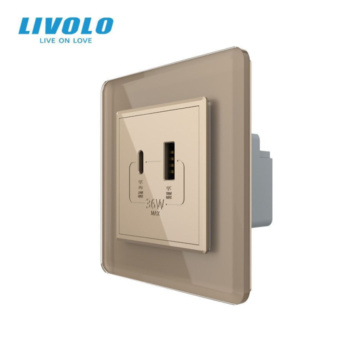 Розетка USB-A та USB-C з Power Delivery 36W LIVOLO золота 2.5D скло · LIVOLO · VL-C7FCUA18W.UC18W-2AS05