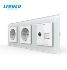 Розетка тримісна комбінована Силова Інтернет ТБ LIVOLO біла матова скло
