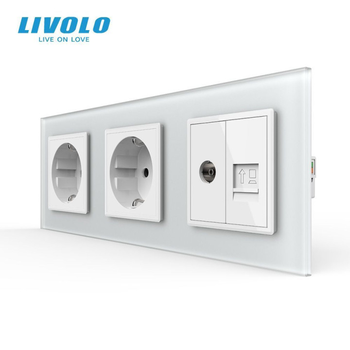 Розетка тримісна комбінована Силова Інтернет ТБ LIVOLO біла матова скло · LIVOLO · VL-C7FCTC16A/FCCP/FCTV-6WS06