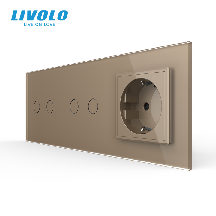 Сенсорний прохідний димер LIVOLO 4 сенсори (2-2) з розеткою, золотий скло, 16A 230V, заземлення · LIVOLO · VL-C7FC2SD/FC2SD/FCTC16A-6AP