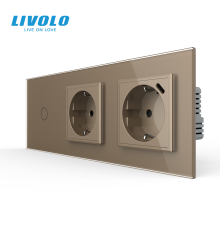 Сенсорний димер LIVOLO з розеткою та розеткою з USB Type-C 18Вт, золотий, скло, 16A 230V, заземлення, шторки