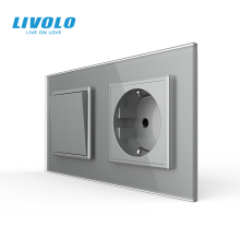 Двоклавішний вимикач з розеткою Livolo сірий скло (VL-C7C1EUK2-15)