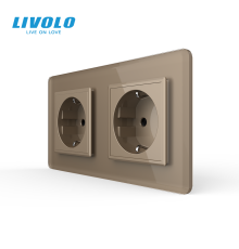 Подвійна електрична розетка з заземленням LIVOLO, золота, скляна 2.5D рамка, шторки, 250В 16А
