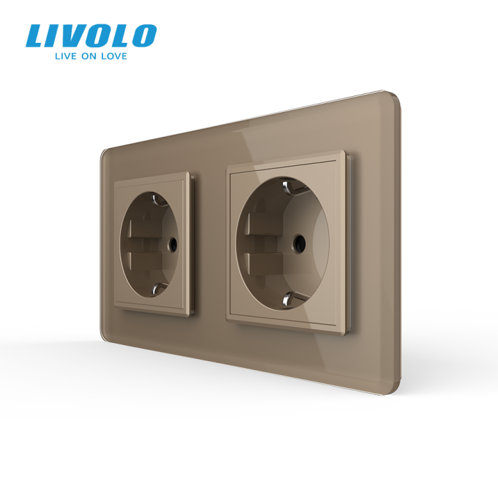 Подвійна електрична розетка з заземленням LIVOLO, золота, скляна 2.5D рамка, шторки, 250В 16А · LIVOLO · VL-C7FCTC16A-4AS05