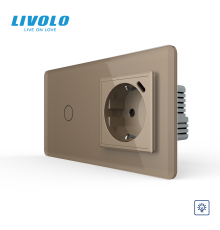 Сенсорний димер з розеткою USB Type-C 18Вт LIVOLO 16А 230В, із заземленням, шторки, золотий 2.5D, скло