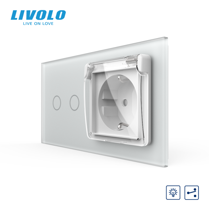 Прохідний сенсорний димер LIVOLO 2 сенсори з розеткою IP44, білий матовый, 16A 230V, із заземленням, шторки · LIVOLO · VL-C7FC2SD/FCTC16A/XW001-4WS06