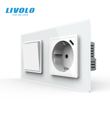 Подвійний вимикач без фіксації LIVOLO з розеткою та USB Type-C 18Вт, білий, скло, заземлення