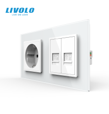 Розетка LIVOLO з двома інтернет портами RJ-45, біла, настінна дизайнерська, скляна рамка