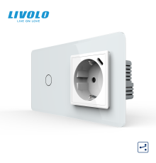 Сенсорний прохідний вимикач LIVOLO з розеткою та USB Type-C 18Вт, білий 2.5D, скло, із заземленням