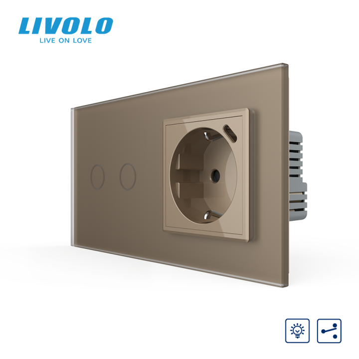 Прохідний сенсорний димер LIVOLO на 2 сенсори з розеткою та USB Type-C 18Вт, золотий матовый, заземлення · LIVOLO · VL-C7FC2SD/FCTF16A.UC18W-4AS06