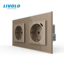 Подвійна розетка LIVOLO з USB Type-C 18Вт, із заземленням, шторки, золота, скляна рамка, 250В, 16А