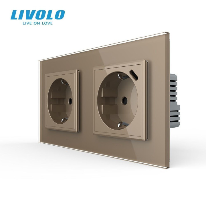 Подвійна розетка LIVOLO з USB Type-C 18Вт, із заземленням, шторки, золота, скляна рамка, 250В, 16А · LIVOLO · VL-C7FCTC16A/CTF16A.UC18W-4AP