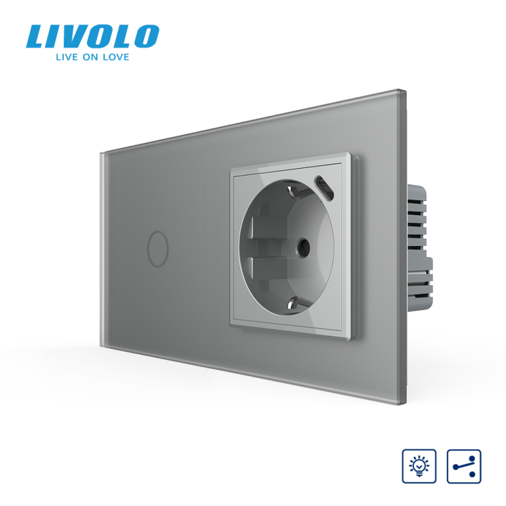 Прохідний сенсорний димер LIVOLO з розеткою та USB Type-C 18Вт, сірий матовый, із заземленням і захисними шторками · LIVOLO · VL-C7FC1SD/FCTF16A.UC18W-4IS06