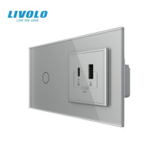 Сенсорний (дотиковий) прохідний вимикач LIVOLO з розеткою USB-A + USB-C 36Вт сірий скляна рамка