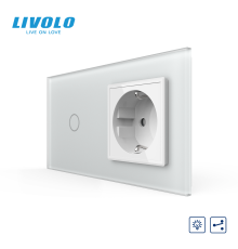 Сенсорний прохідний димер з розеткою LIVOLO 16А 230В із заземленням, шторки, білий матовый, скло