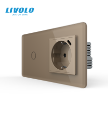 Сенсорний вимикач LIVOLO з розеткою та USB Type-C 18Вт, золотий 2.5D, скло, із заземленням і шторками, 16А 230В