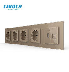 Розетка п’ятимісна з HDMI і Інтернет RJ-45, LIVOLO золота, настінна, скляна рамка