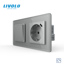 Вимикач без фіксації LIVOLO з розеткою та USB Type-C 18Вт, сірий 2.5D, скло, із заземленням і захисними шторками