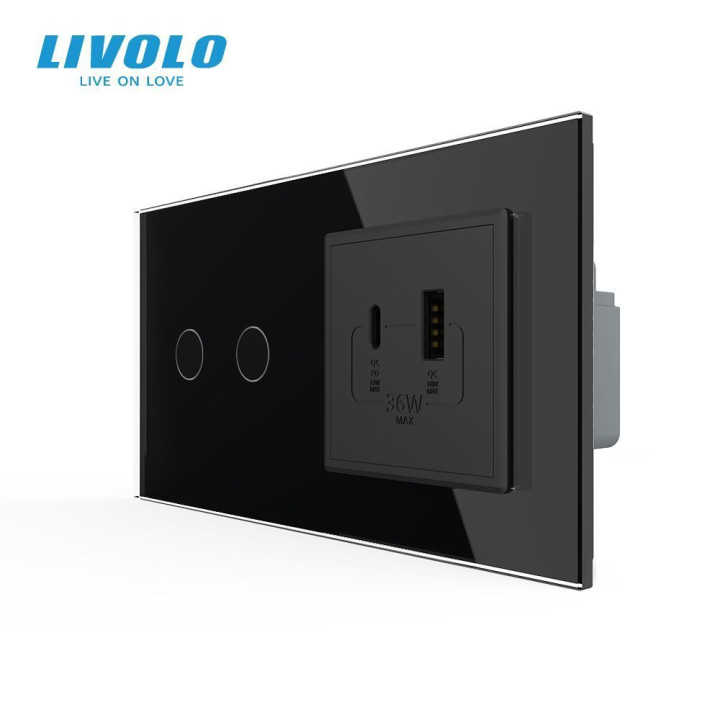 Сенсорний (дотиковий) прохідний подвійний вимикач LIVOLO з розеткою USB-A + USB-C 36 Вт чорний скляна рамка · LIVOLO · VL-C7FC2S/FCUA18W.UC18W-4BP