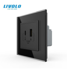 Розетка USB-A та USB-C з Power Delivery 36W Livolo чорний скло (VL-C7FCUA18W.UC18W-2BP)