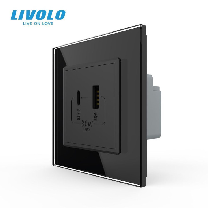 Розетка USB-A та USB-C з Power Delivery 36W Livolo чорний скло (VL-C7FCUA18W.UC18W-2BP) · LIVOLO · VL-C7FCUA18W.UC18W-2BP