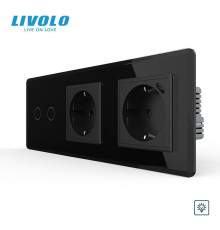 Подвійний сенсорний димер LIVOLO з розеткою та розеткою з USB Type-C 18Вт, заземлення, чорний 2.5D, скло, 16A 230V