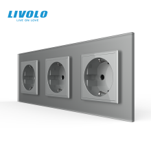 Потрійна електрична розетка з заземленням LIVOLO, сіра, скляна матова рамка, шторки, 250В 16А