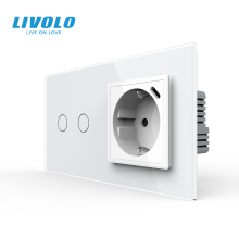 Прохідний сенсорний димер LIVOLO на 2 сенсори з розеткою та USB Type-C 18Вт, білий, заземлення