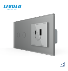 Сенсорний (дотиковий) прохідний подвійний вимикач LIVOLO з розеткою USB-A + USB-C 36 Вт сірий матовый скляна рамка