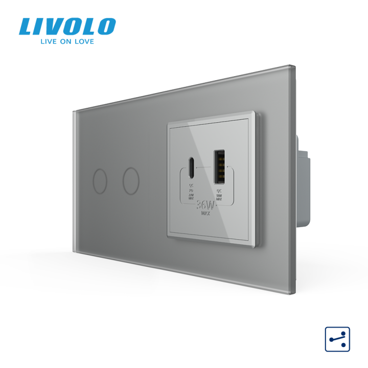 Сенсорний (дотиковий) прохідний подвійний вимикач LIVOLO з розеткою USB-A + USB-C 36 Вт сірий матовый скляна рамка · LIVOLO · VL-C7FC2S/FCUA18W.UC18W-4IS06
