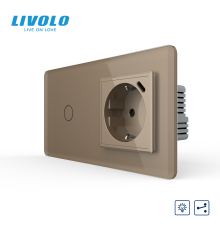 Прохідний сенсорний димер LIVOLO з розеткою та USB Type-C 18Вт, золотий 2.5D, із заземленням і захисними шторками