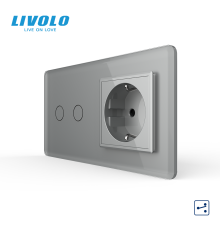 Сенсорний прохідний/перехресний вимикач 2 сенсора 1 розетка LIVOLO сірий 2.5D скло