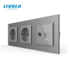 Розетка тримісна комбінована Силова Інтернет ТБ LIVOLO сіра матова скло