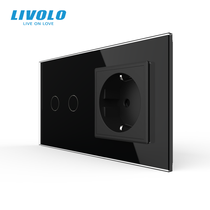 Сенсорний вимикач 2 сенсора 1 розетка Livolo чорний скло (VL-C702/C7C1EU-12) · LIVOLO · VL-C7FC2/FCTC16A-4BP
