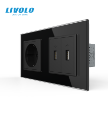 Розетка з заземленням з 2 USB розетками Livolo чорний скло (VL-C7C1EU2USB-12)