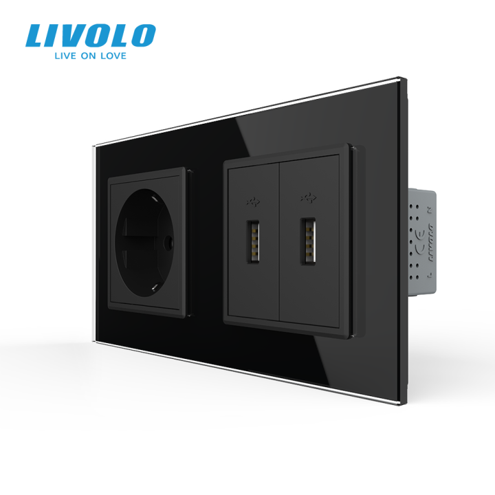 Розетка з заземленням з 2 USB розетками Livolo чорний скло (VL-C7C1EU2USB-12) · LIVOLO · VL-C7C1EU2USB-12