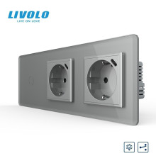 Прохідний сенсорний димер LIVOLO з двома розетками з USB Type-C 18Вт, сірий 2.5D, скло, 16A 230V, заземлення