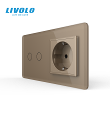 Сенсорний вимикач 2 сенсора 1 розетка LIVOLO золотий 2.5D скло