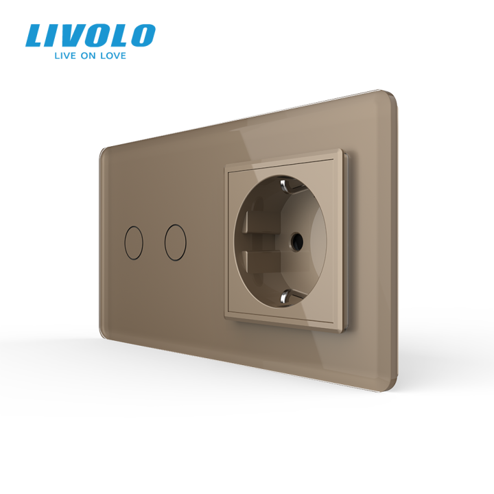 Сенсорний вимикач 2 сенсора 1 розетка LIVOLO золотий 2.5D скло · LIVOLO · VL-C7FC2/FCTC16A-4AS05