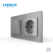 Вимикач без фіксації з розеткою LIVOLO сірий 2.5D скло, 16А 230В, із заземленням, захисні шторки