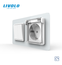 Вимикач без фіксації подвійний з розеткою кришка IP44 LIVOLO білий 2.5D скло, із заземленням, захисні шторки