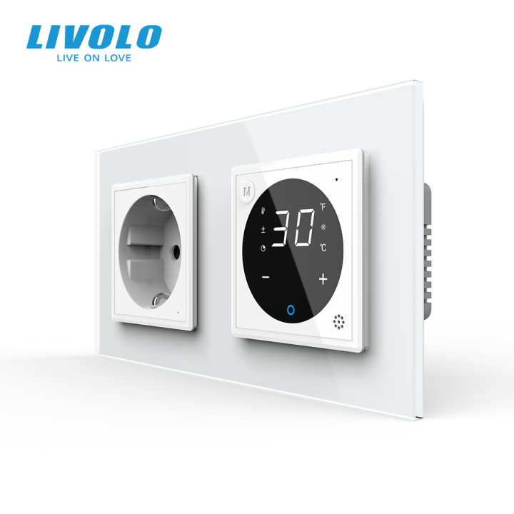 Терморегулятор для електричної теплої підлоги + розетка LIVOLO, білий скляний, в одній рамці (VL-C7C1EU1TM2-11) · LIVOLO · VL-C7FCTC16A/FCQ1-4WP