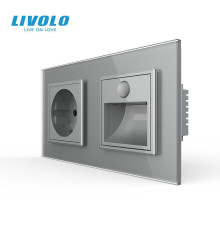 Розетка з світильником для сходів LIVOLO, з датчиком руху та освітлення, 2700K, 230В, 0.35Вт, сірий, скло