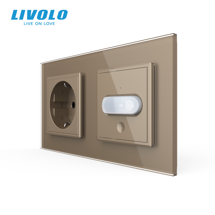 Розетка LIVOLO із заземленням і датчиком руху, золота, настінна дизайнерська, скляна рамка, 250В 16А · LIVOLO · VL-C7FCTC16A/FCU-4AP