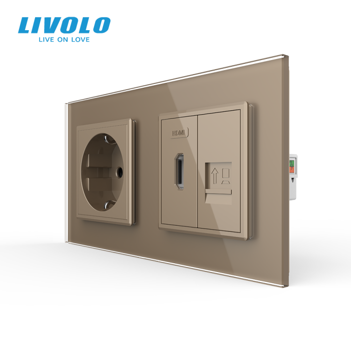 Розетка LIVOLO з HDMI і інтернет портом RJ-45, золота, настінна дизайнерська, скляна рамка · LIVOLO · VL-C7FCTC16A/FCHD/FCCP-4AP