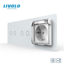 Прохідний сенсорний димер LIVOLO 4 сенсори (2-2) з розеткою IP44, кришка, білий 2.5D скло, 16A 230V, заземлення