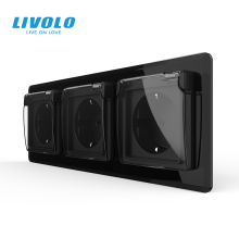 Потрійна електрична розетка вологозахисна з кришкою IP44 з заземленням, LIVOLO, чорна, скляна 2.5D рамка, шторки, 250В 16А
