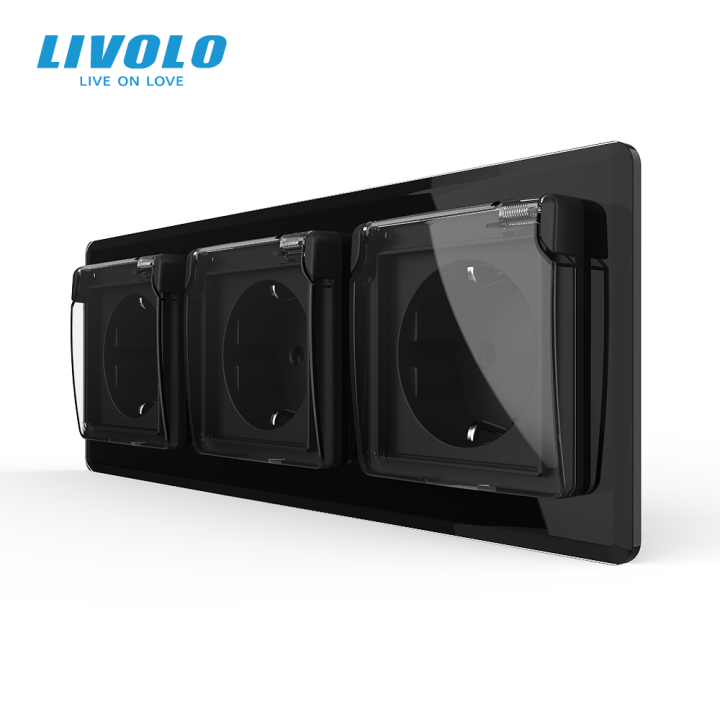 Потрійна електрична розетка вологозахисна з кришкою IP44 з заземленням, LIVOLO, чорна, скляна 2.5D рамка, шторки, 250В 16А · LIVOLO · VL-C7FCTC16A/FCTC16A/FCTC16A/XW001-6BS05