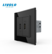 Розетка подвійна USB з блоком живлення Livolo чорний скло (VL-C792U-12)