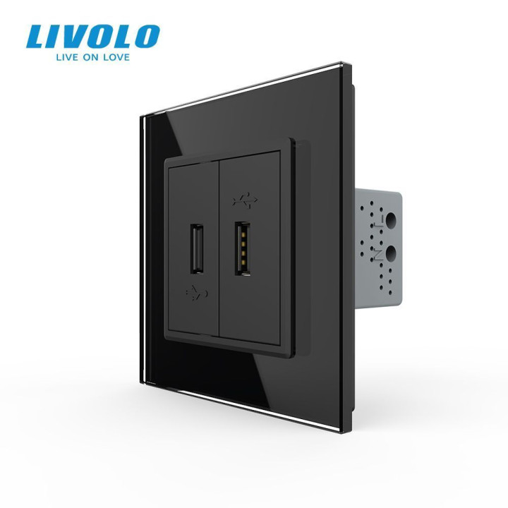 Розетка подвійна USB з блоком живлення Livolo чорний скло (VL-C792U-12) · LIVOLO · VL-C7FCUA/FCUA-2BP